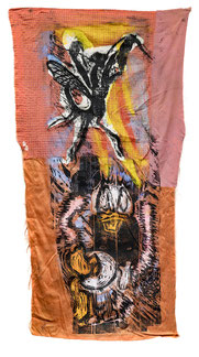 Donald im Blitz, 2001, Holzdruck/Textil, collagiert, 197 x 88 cm, Besitz des Künstlers, Foto: Helge Mundt 