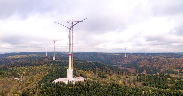Die höchste Onshore-Windkraftanlage der Welt steht nun in Gaildorf bei Stuttgart. Bild: Max Bögl Wind AG  